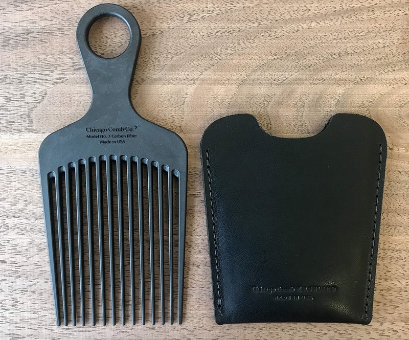 Chicago Comb No. 7 Carbon Fiber + Horween Dublin Black leather sheath, Made in USA, Detangling Pick & Lift Comb, Men & Women, Long, Curly & Thick Hair, Big Beards & Afros, Anti-Static, 6" (15 cm) Long - Image 2